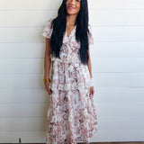 V-Neck Floral Tiered Ruffle Front Tie Midi Dress In Dusty Rose - Infinity Raine