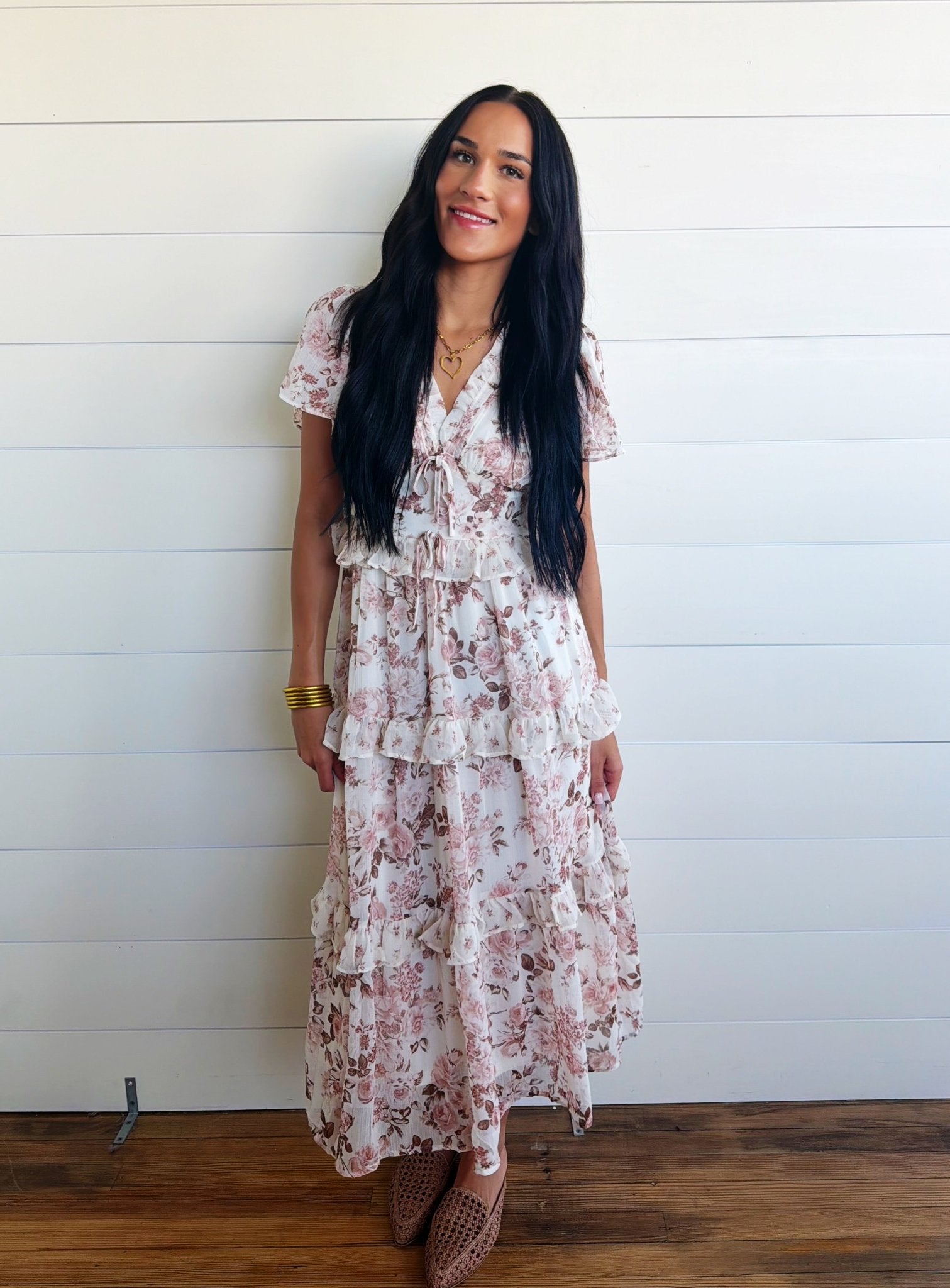 V-Neck Floral Tiered Ruffle Front Tie Midi Dress In Dusty Rose - Infinity Raine