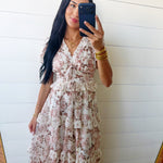 V-Neck Floral Tiered Ruffle Front Tie Midi Dress In Dusty Rose - Infinity Raine