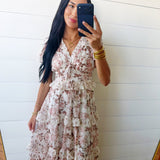V-Neck Floral Tiered Ruffle Front Tie Midi Dress In Dusty Rose - Infinity Raine