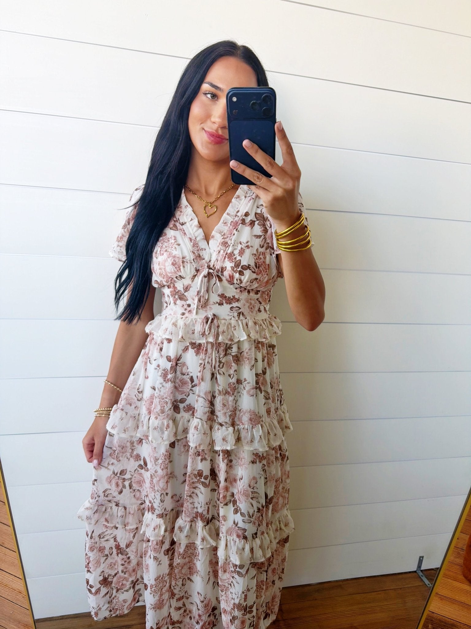 V-Neck Floral Tiered Ruffle Front Tie Midi Dress In Dusty Rose - Infinity Raine