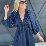 V-Neck Puff Sleeve Dress In Dark Denim - Infinity Raine