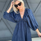 V-Neck Puff Sleeve Dress In Dark Denim - Infinity Raine