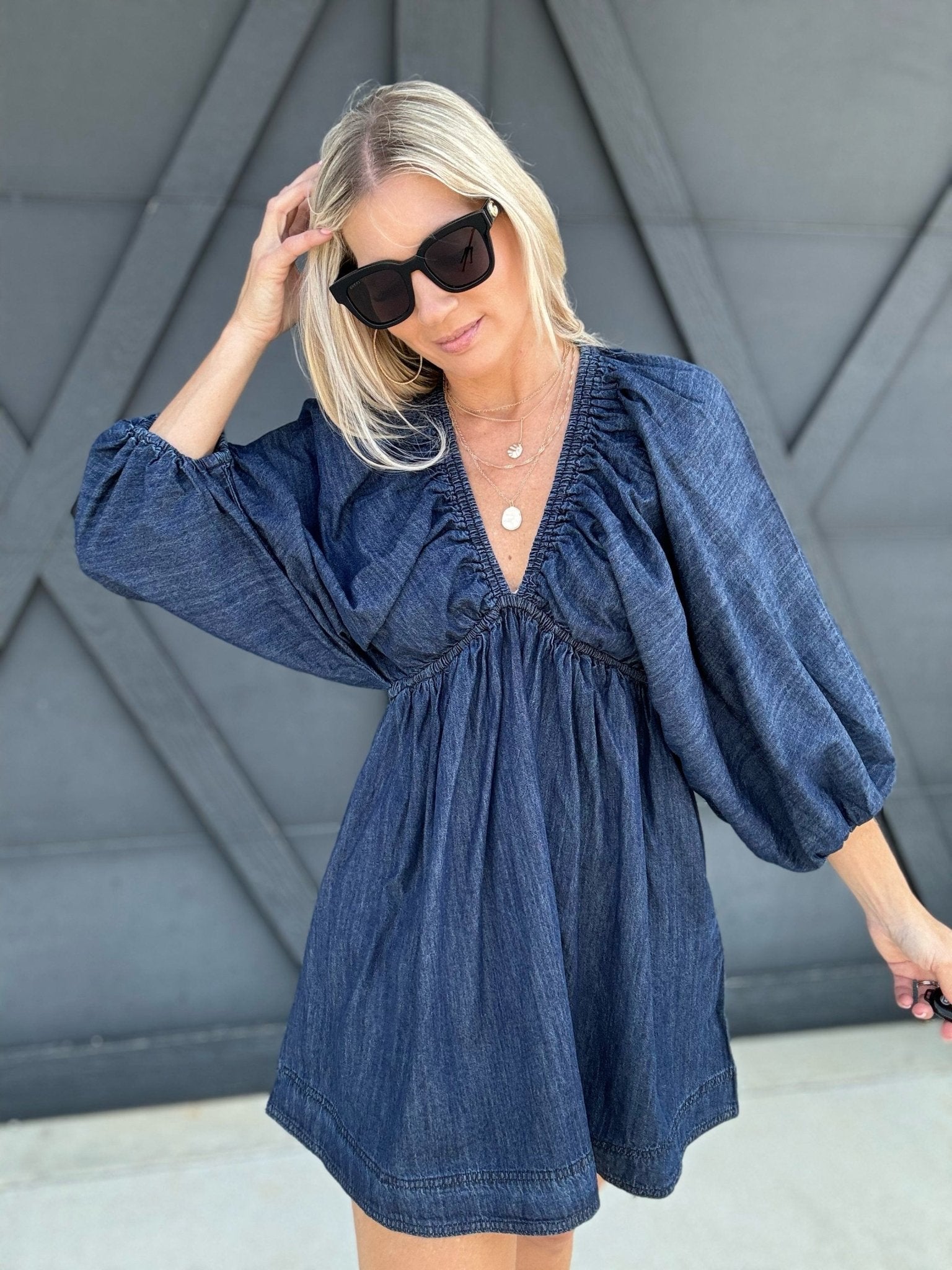 V-Neck Puff Sleeve Dress In Dark Denim - Infinity Raine