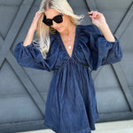 V-Neck Puff Sleeve Dress In Dark Denim - Infinity Raine