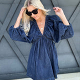V-Neck Puff Sleeve Dress In Dark Denim - Infinity Raine