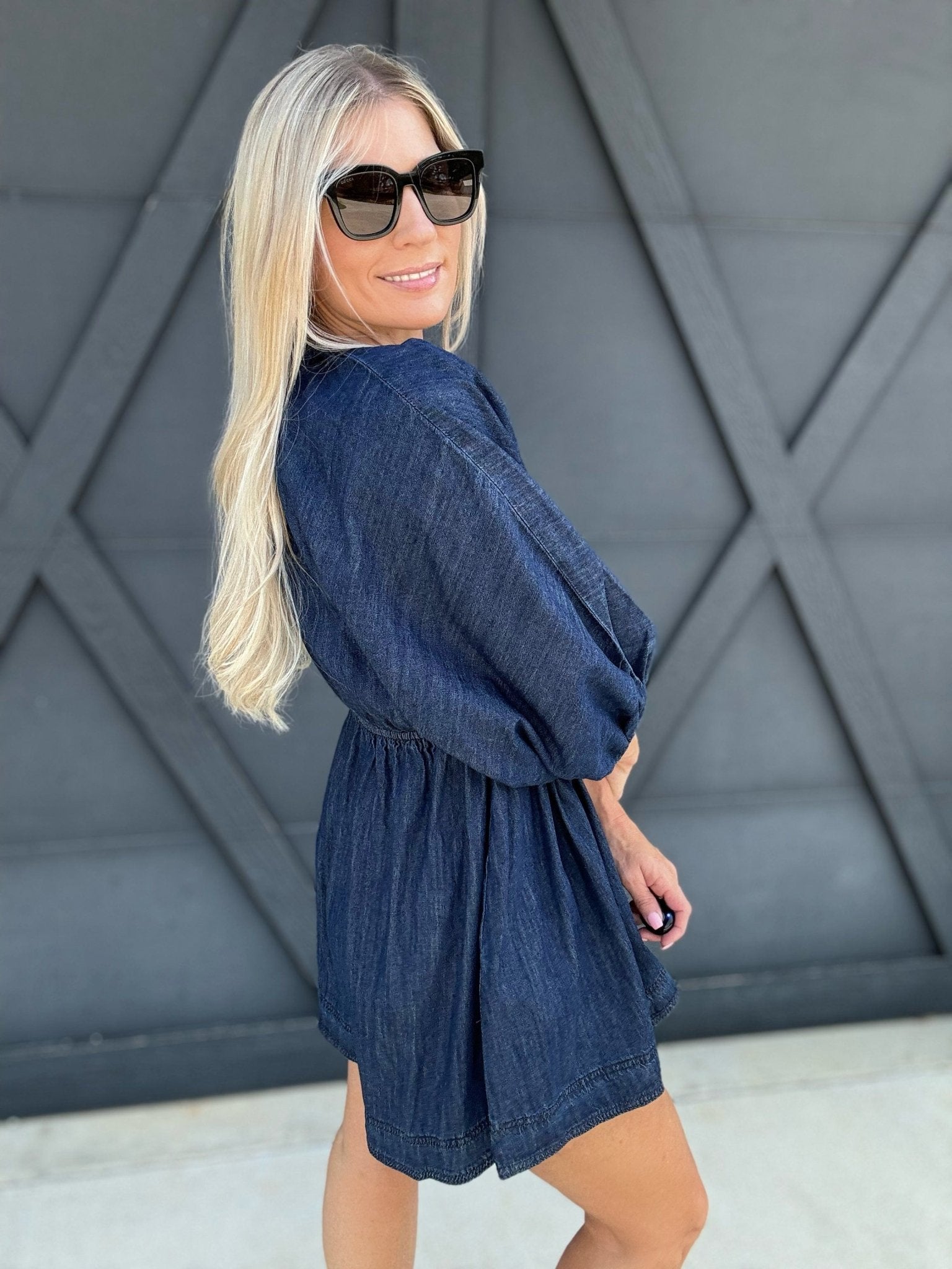 V-Neck Puff Sleeve Dress In Dark Denim - Infinity Raine