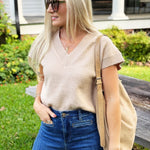 V Neck Short Sleeve Knit Pullover Sweater Light Khaki - Infinity Raine