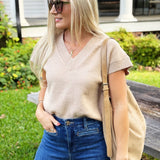 V Neck Short Sleeve Knit Pullover Sweater Light Khaki - Infinity Raine