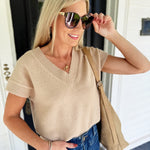 V Neck Short Sleeve Knit Pullover Sweater Light Khaki - Infinity Raine