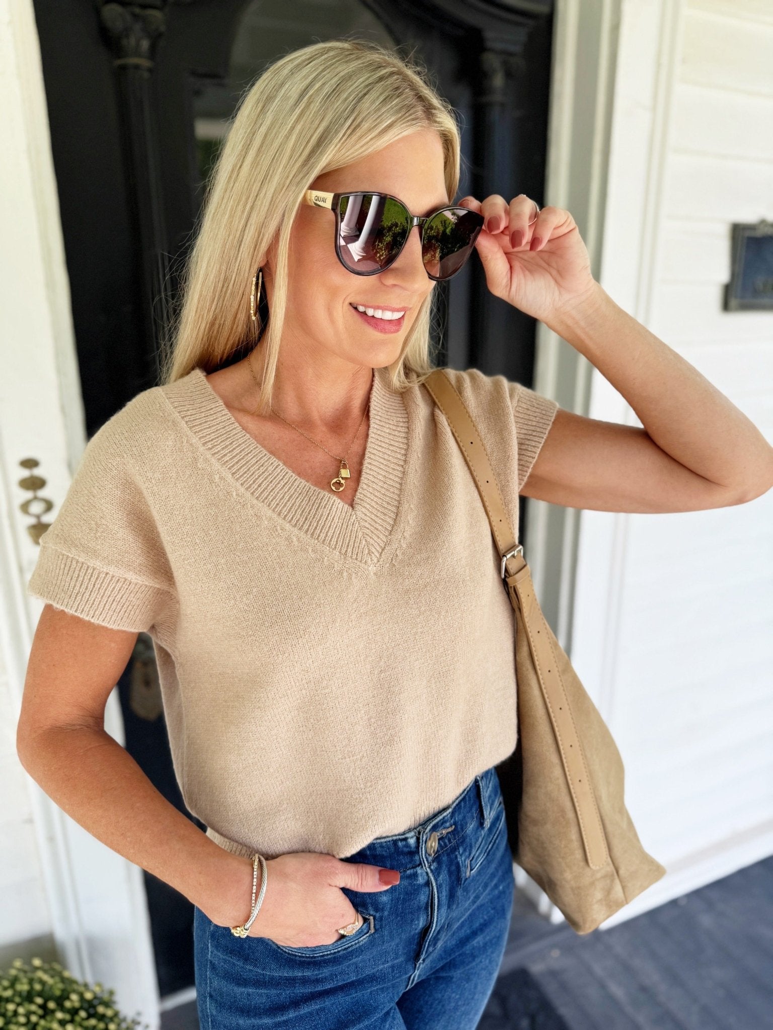 V Neck Short Sleeve Knit Pullover Sweater Light Khaki - Infinity Raine