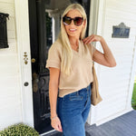V Neck Short Sleeve Knit Pullover Sweater Light Khaki - Infinity Raine