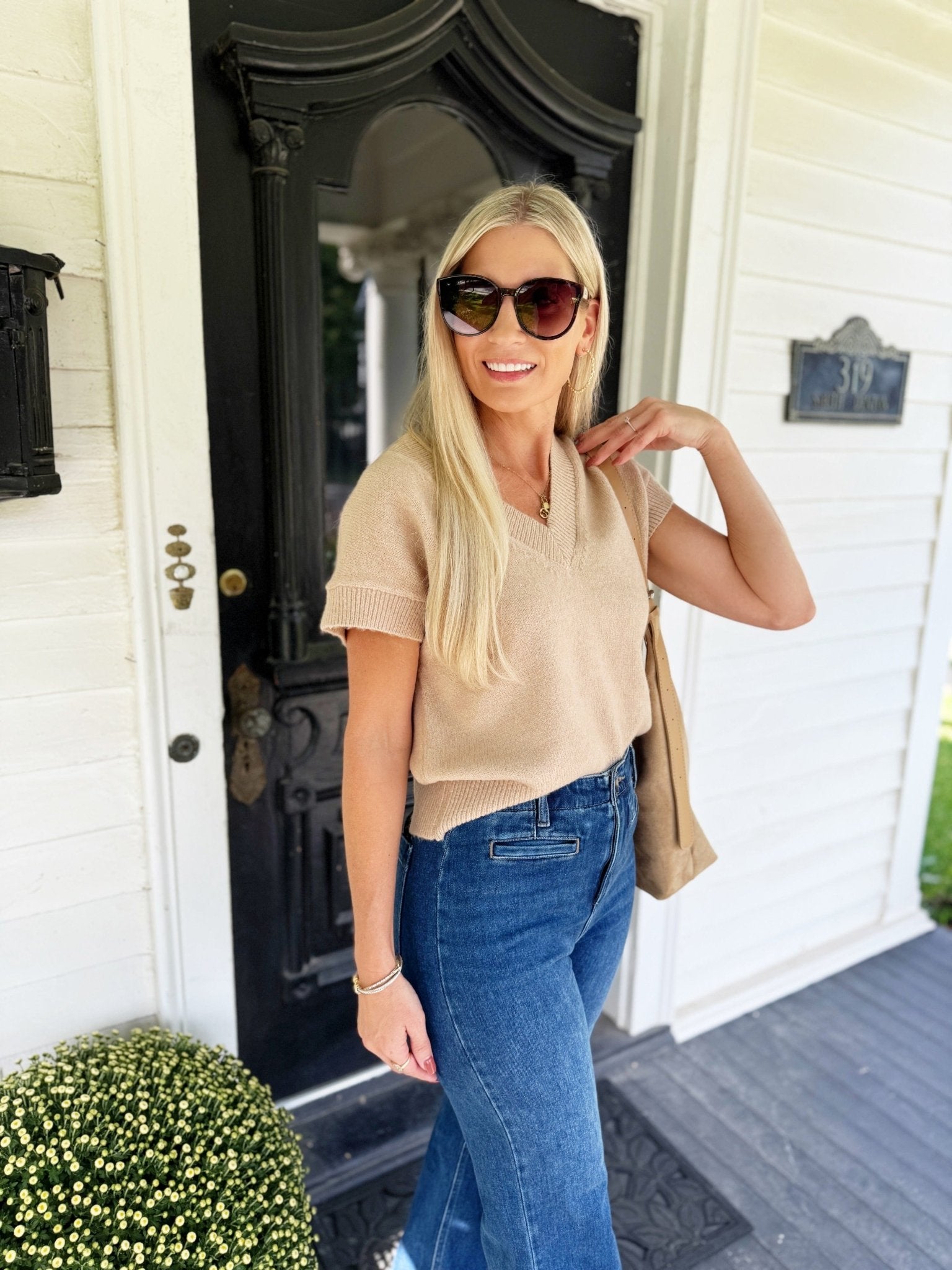 V Neck Short Sleeve Knit Pullover Sweater Light Khaki - Infinity Raine