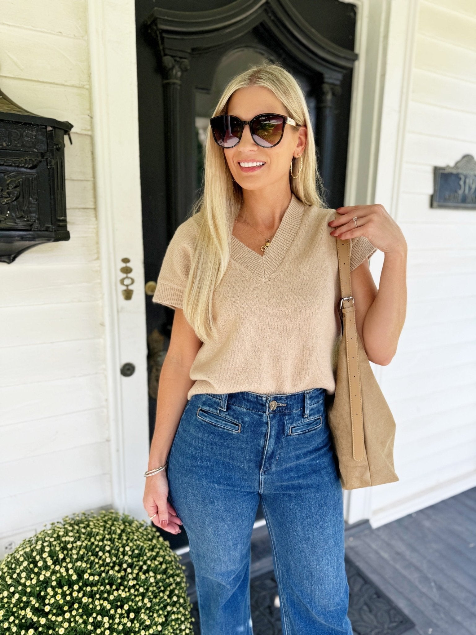 V Neck Short Sleeve Knit Pullover Sweater Light Khaki - Infinity Raine
