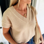 V Neck Short Sleeve Knit Pullover Sweater Light Khaki - Infinity Raine