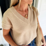 V Neck Short Sleeve Knit Pullover Sweater Light Khaki - Infinity Raine