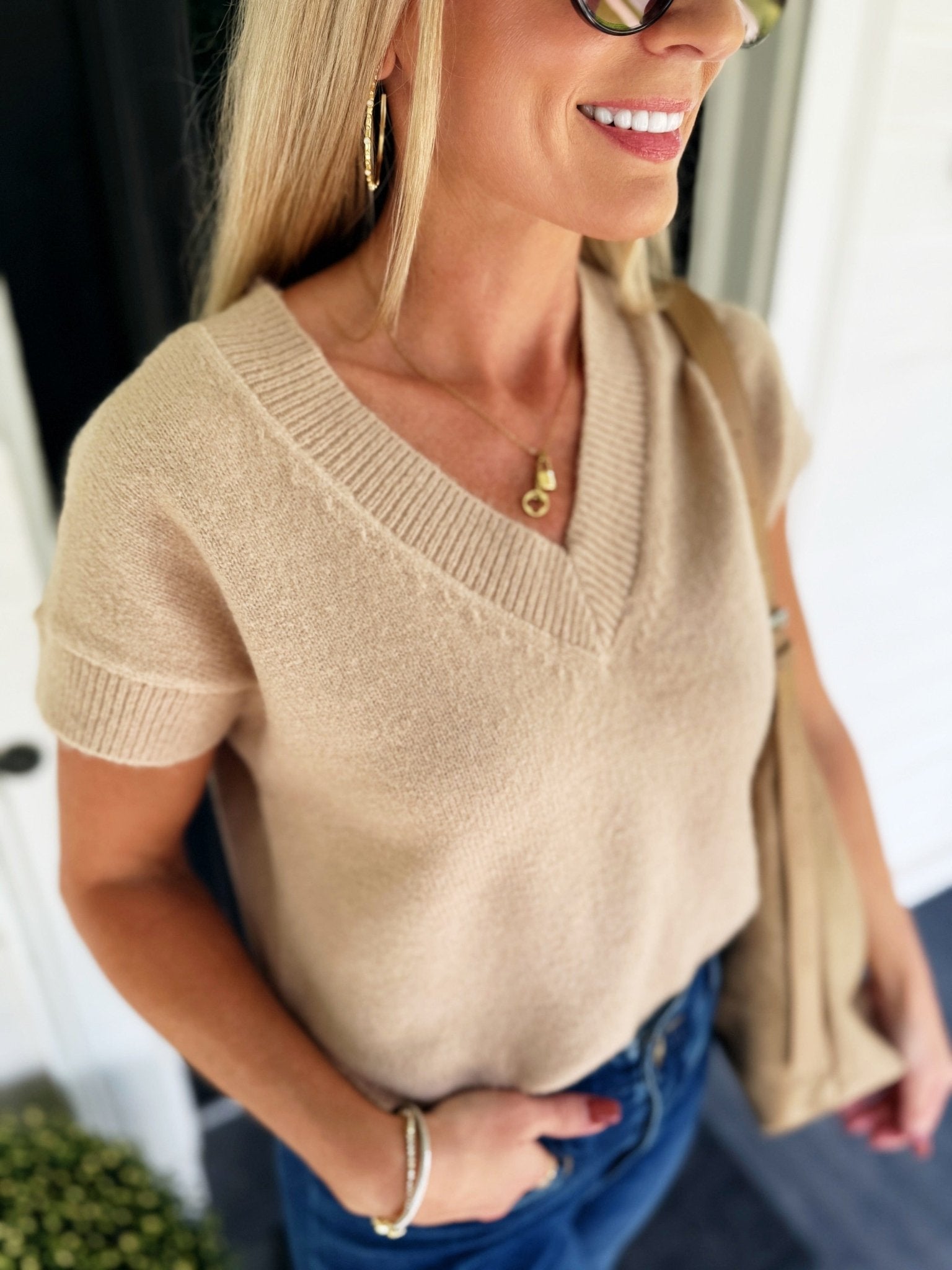 V Neck Short Sleeve Knit Pullover Sweater Light Khaki - Infinity Raine