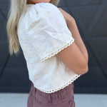 V-Neckline Front Tie Embroidered Floral Cropped Top in Cream - Infinity Raine