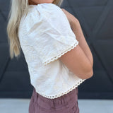 V-Neckline Front Tie Embroidered Floral Cropped Top in Cream - Infinity Raine