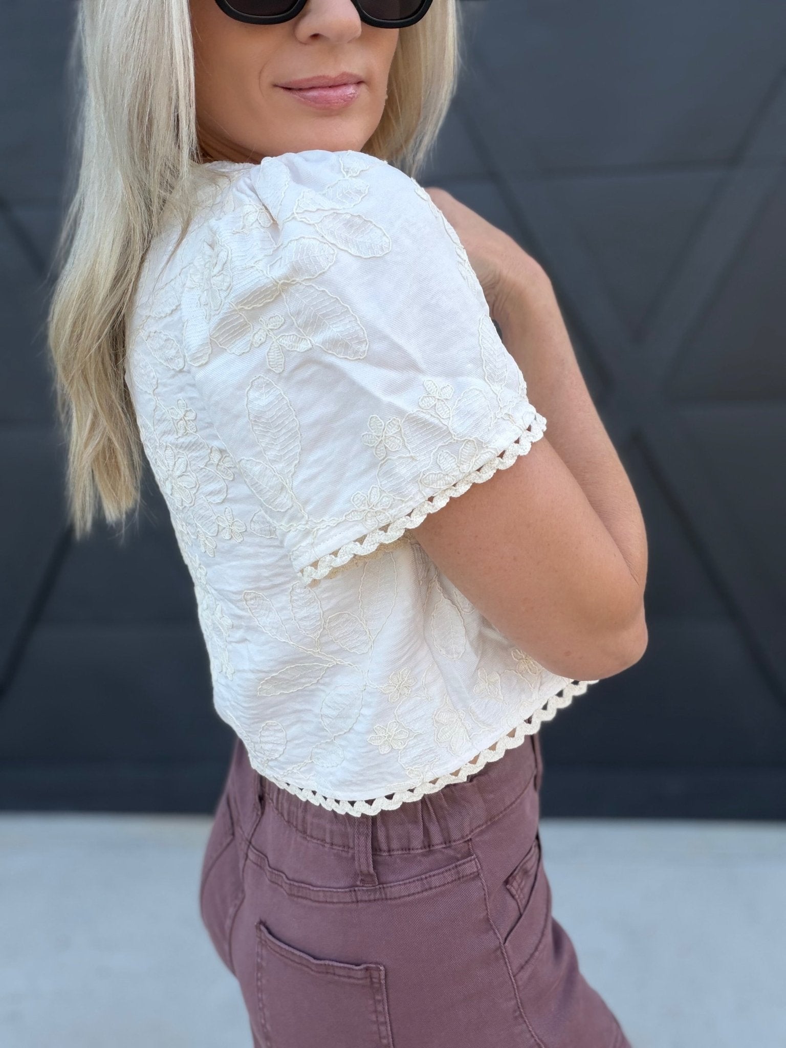 V-Neckline Front Tie Embroidered Floral Cropped Top in Cream - Infinity Raine
