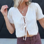 V-Neckline Front Tie Embroidered Floral Cropped Top in Cream - Infinity Raine