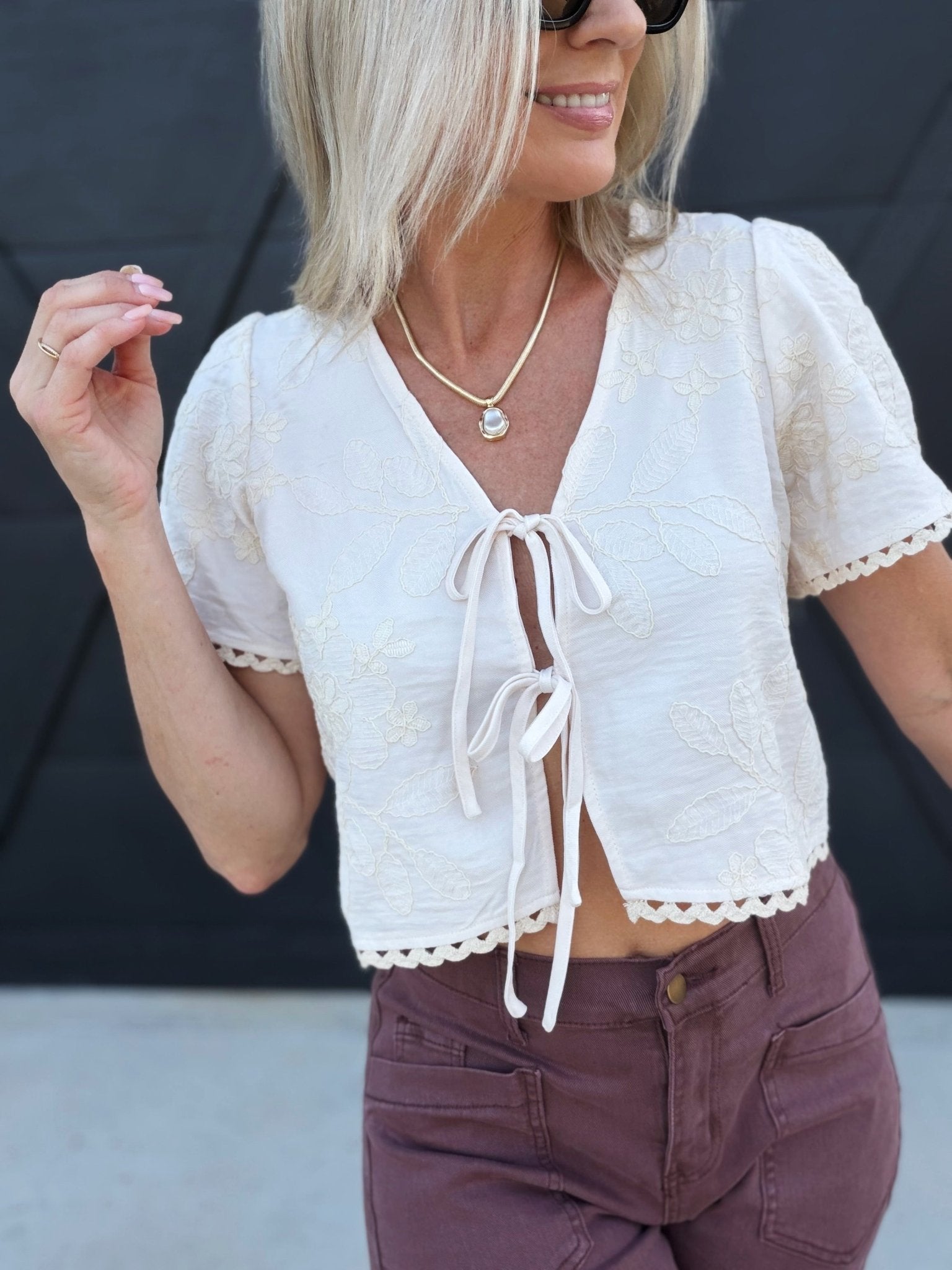 V-Neckline Front Tie Embroidered Floral Cropped Top in Cream - Infinity Raine