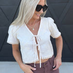 V-Neckline Front Tie Embroidered Floral Cropped Top in Cream - Infinity Raine