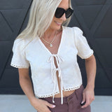 V-Neckline Front Tie Embroidered Floral Cropped Top in Cream - Infinity Raine