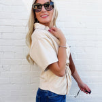 Vegan Leather Twist Blouse In Cream - Infinity Raine