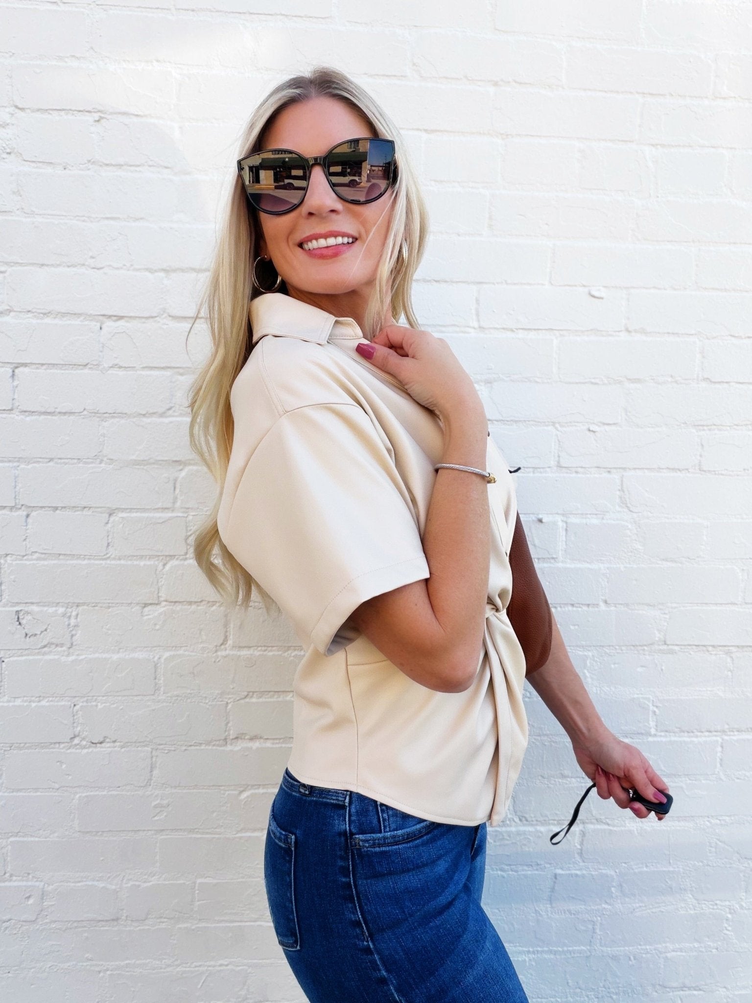 Vegan Leather Twist Blouse In Cream - Infinity Raine