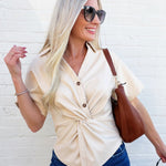 Vegan Leather Twist Blouse In Cream - Infinity Raine