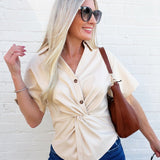 Vegan Leather Twist Blouse In Cream - Infinity Raine