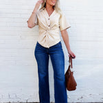 Vegan Leather Twist Blouse In Cream - Infinity Raine