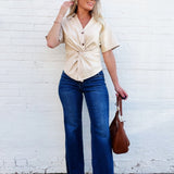 Vegan Leather Twist Blouse In Cream - Infinity Raine