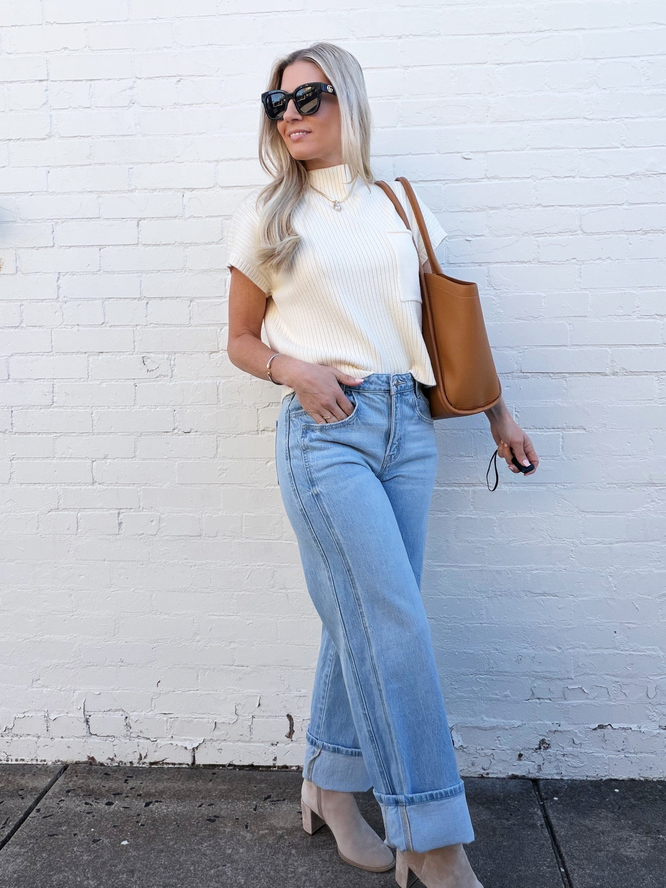 VERVET Bottoms - Pants Vervet Super High Rise Cuffed Baggy Wide Jeans In Streamlined