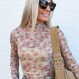 Very J Tops - Blouses High Neck Fitted Mesh Top In Beige Floral