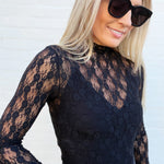 Very J Tops - Blouses High Neck Fitted Mesh Top In Black