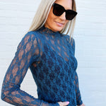 Very J Tops - Blouses High Neck Fitted Mesh Top In Forest