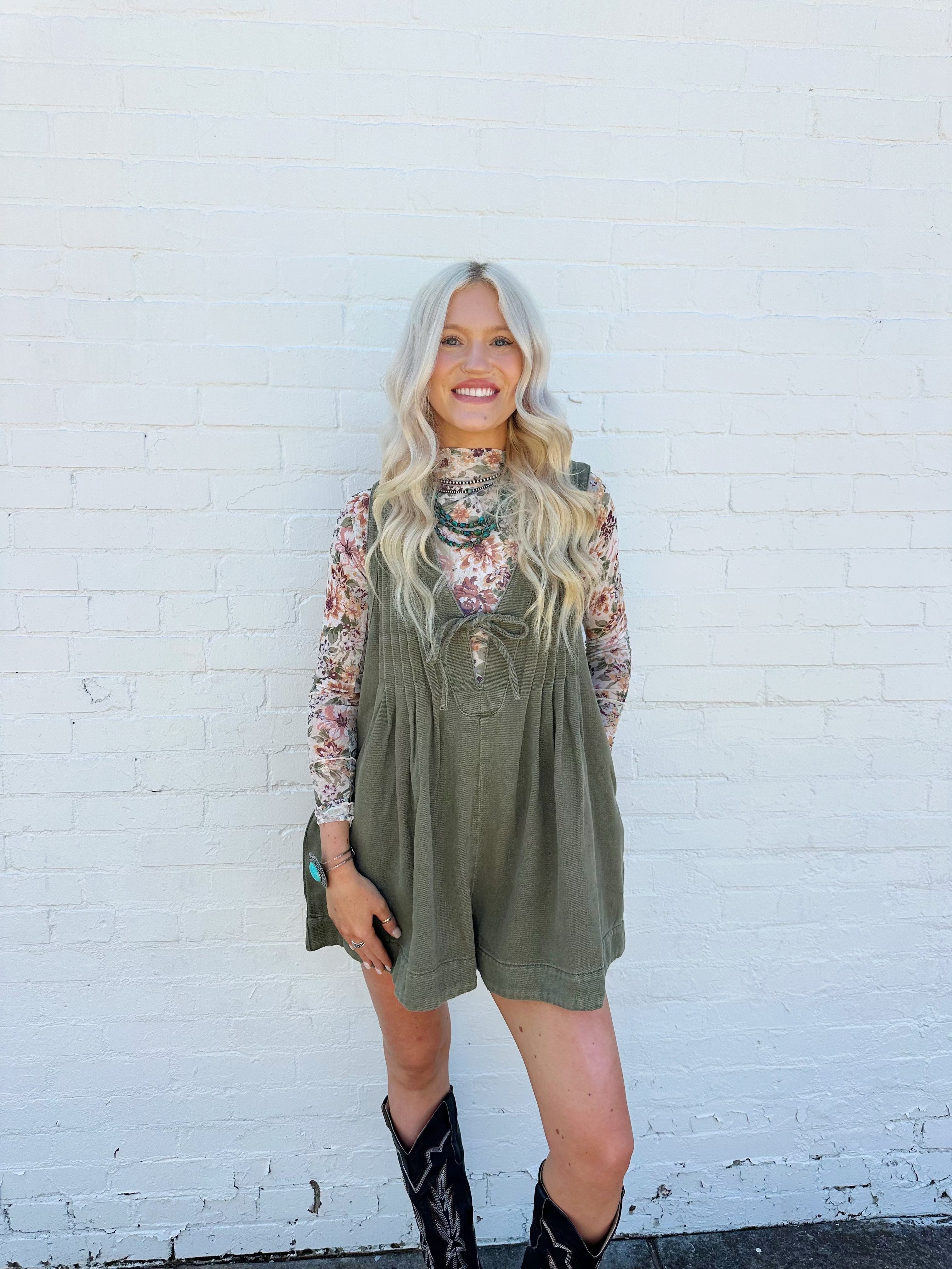 V-Neck Sleeveless Demin Romper In Olive - Infinity Raine