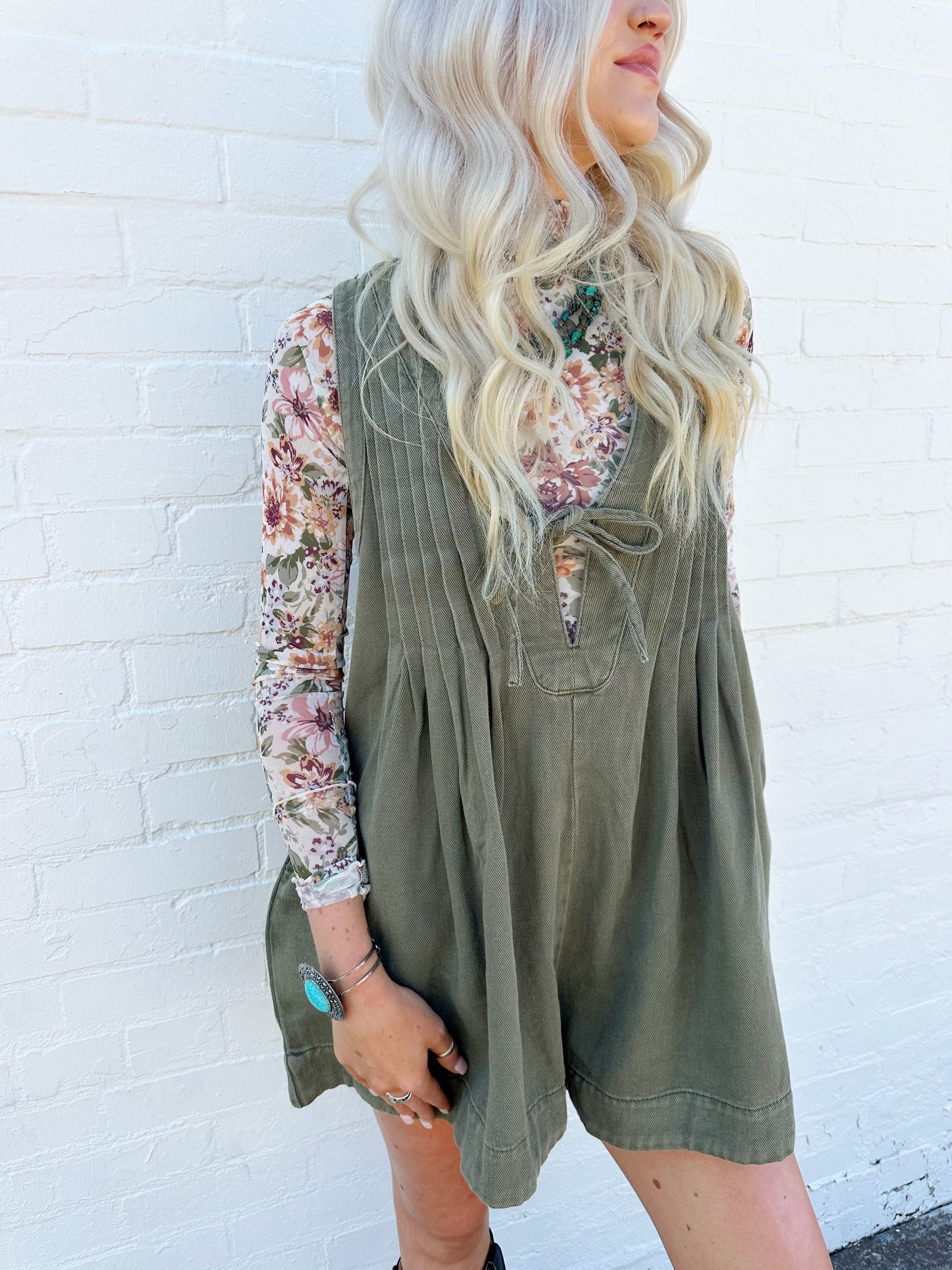 V-Neck Sleeveless Demin Romper In Olive - Infinity Raine