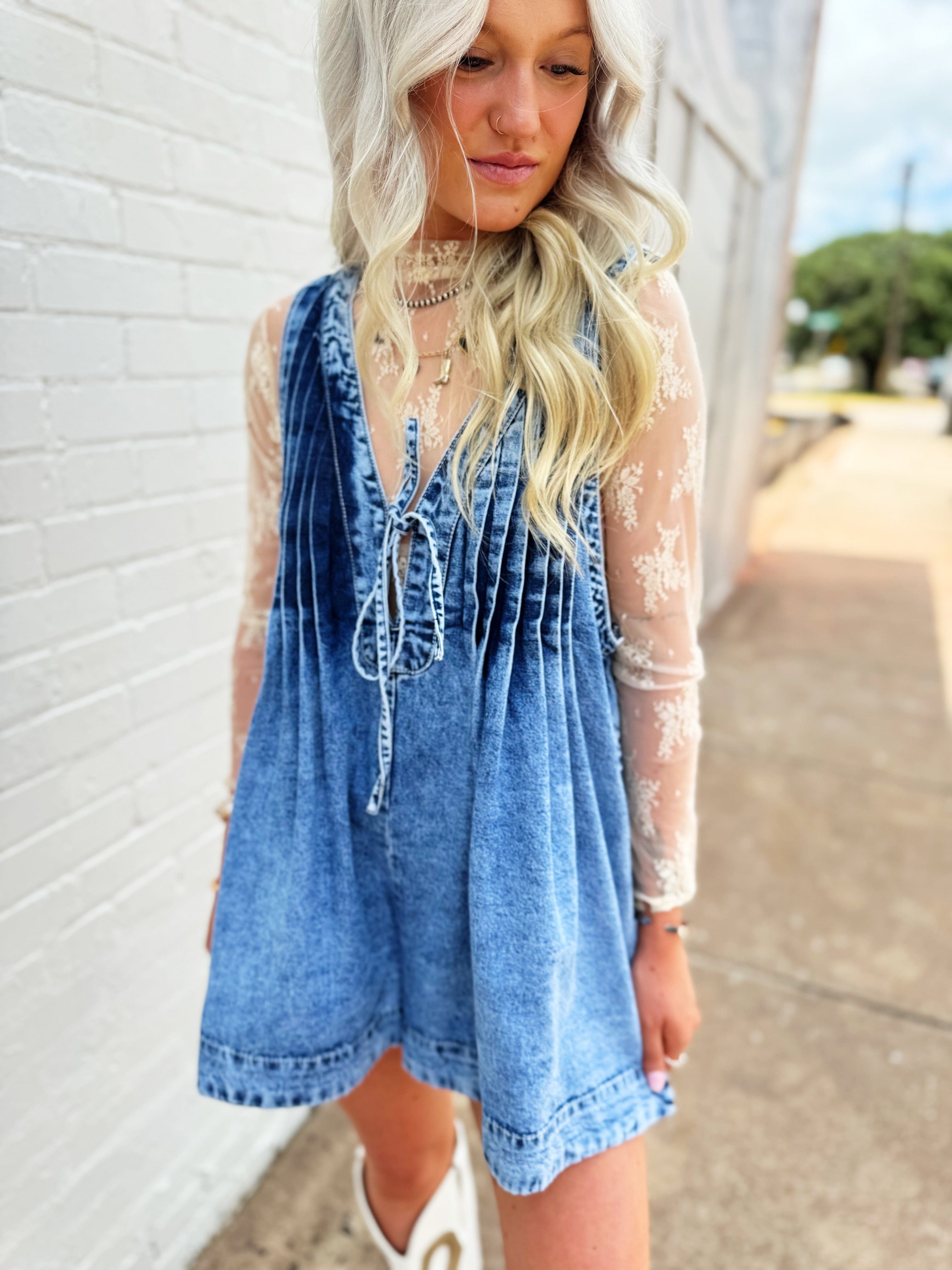 Veveret Mineral Washed Front Pleated Denim Romper - Infinity Raine