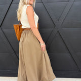 Village Belted Midi Skirt In Taupe - Infinity Raine