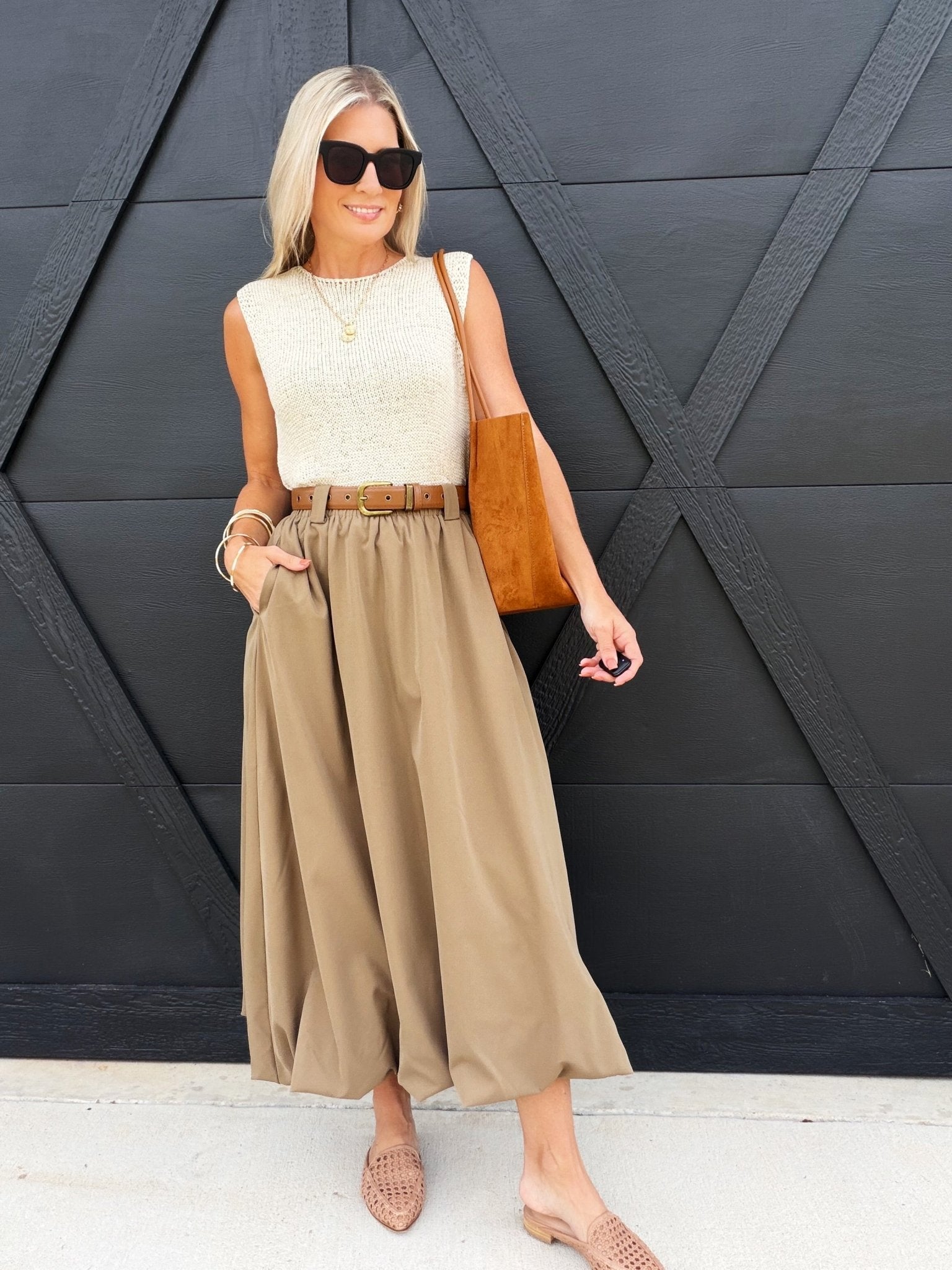 Village Belted Midi Skirt In Taupe - Infinity Raine