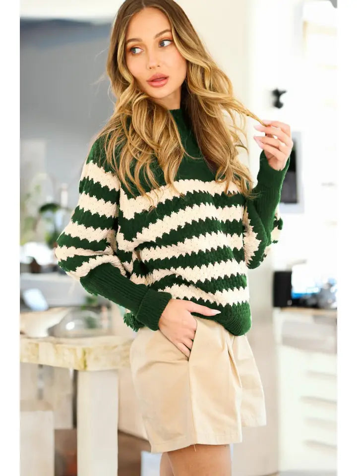 Textured Mock Neck Striped Knitted Sweater In Hunter Green - Infinity Raine