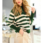 Textured Mock Neck Striped Knitted Sweater In Hunter Green - Infinity Raine