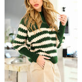 Textured Mock Neck Striped Knitted Sweater In Hunter Green - Infinity Raine