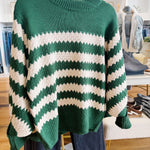 Textured Mock Neck Striped Knitted Sweater In Hunter Green - Infinity Raine