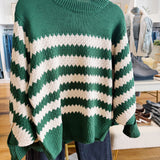 Textured Mock Neck Striped Knitted Sweater In Hunter Green - Infinity Raine