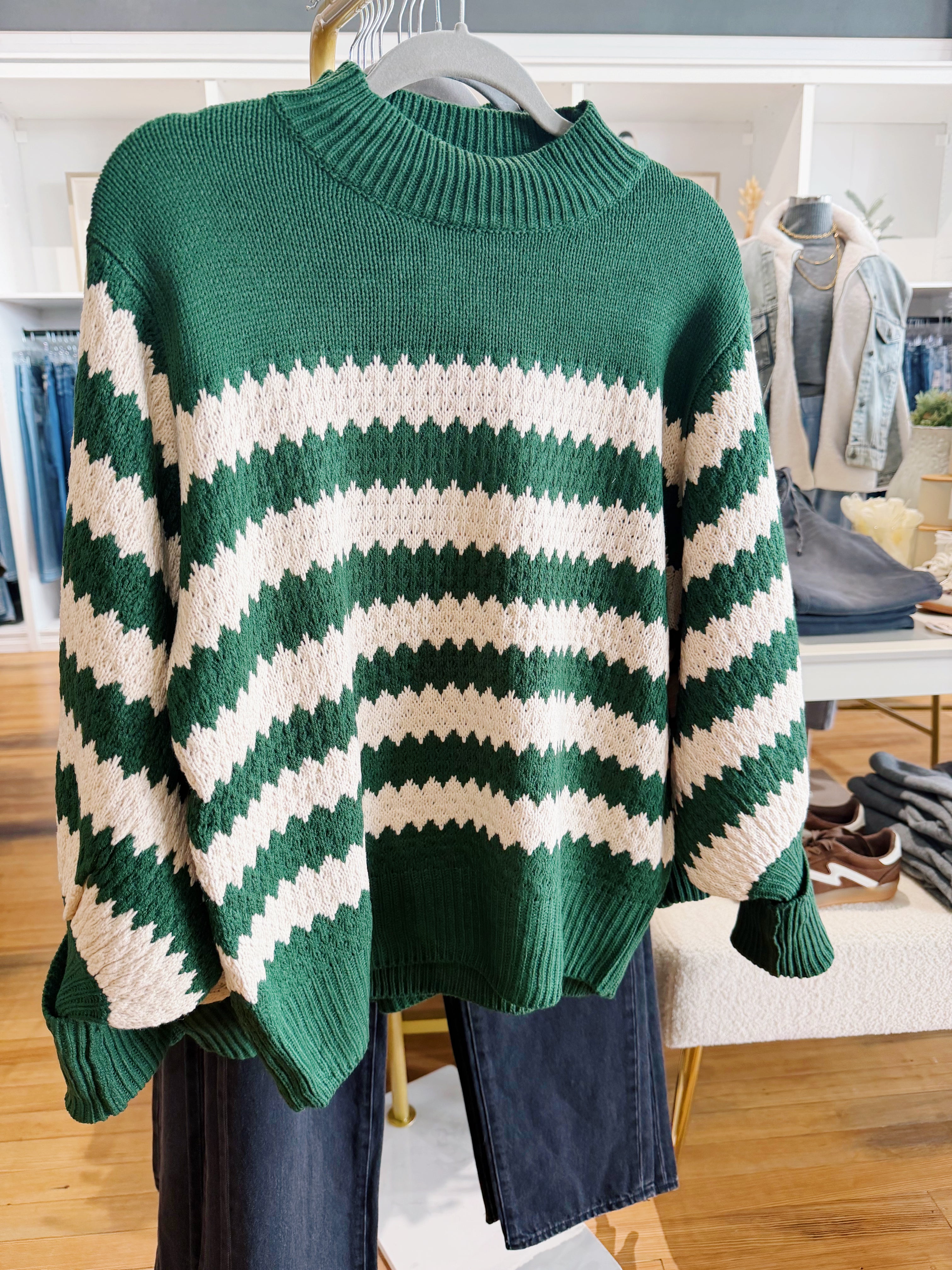 Textured Mock Neck Striped Knitted Sweater In Hunter Green - Infinity Raine