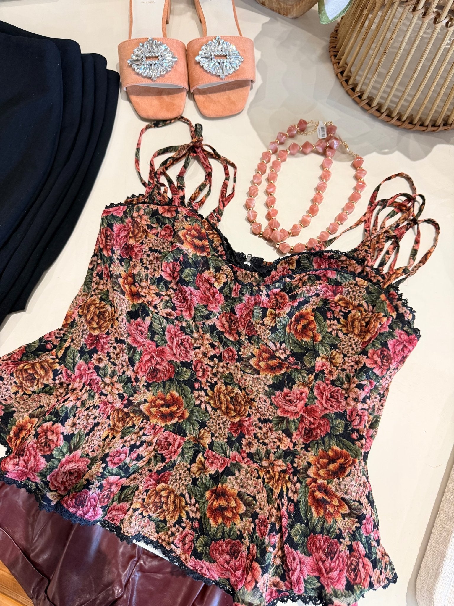 Vintage Rose Lurex Flared Cami Top In Rose Black - Infinity Raine